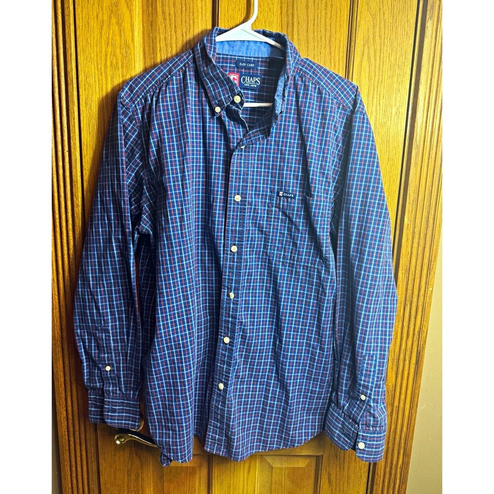Chaps Men's L Regular Plaid Blue/Red/White Easy Care Woven Button-Up Shirt